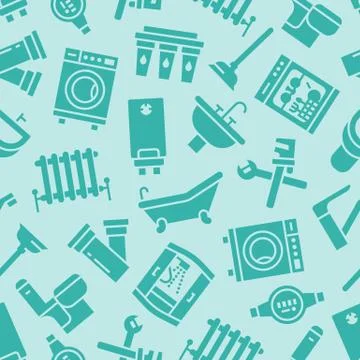 Plumbing service vector seamless pattern with flat silhouette icons of house Illustrazione stock