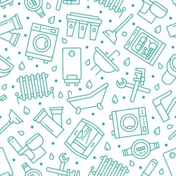 Plumbing service vector seamless pattern with flat line icons of house bathroom Stock Illustration