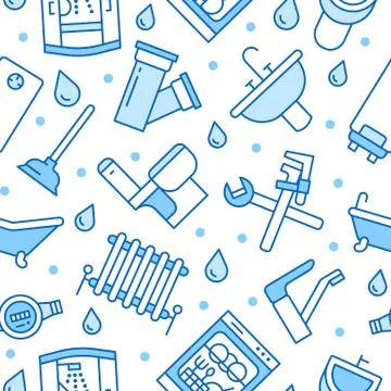 Plumbing service vector seamless pattern with flat line icons of house bathroom Stock Illustration