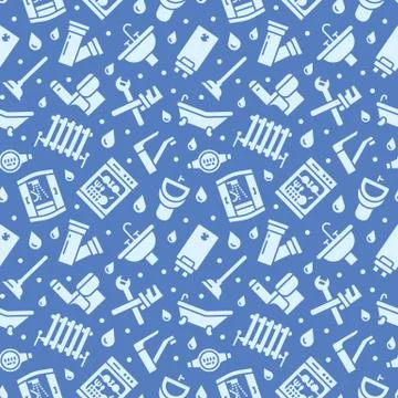 Plumbing service vector seamless pattern with flat silhouette icons of house Stock Illustration