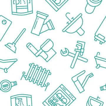 Plumbing service vector seamless pattern with flat line icons of house bathroom Illustrazione stock