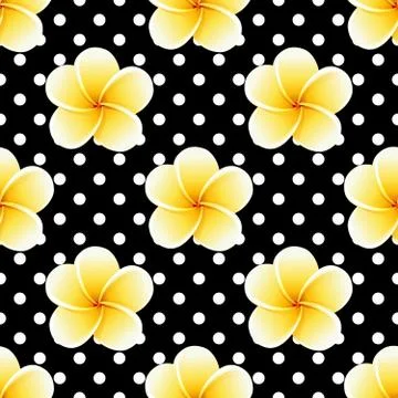 Plumeria seamless pattern on a polka-dot background. Universal vintage print Stock Illustration