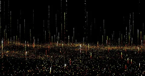 Plumes of particles flying over an ocean of sparkling particles Stock Footage 306452877