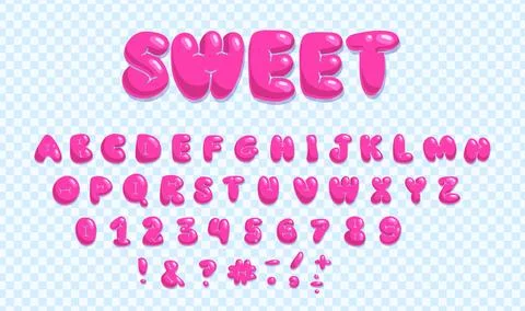 Plump bubble set of pink letters and numbers from 0 to 9 in Y2K trendy style Stock Illustration
