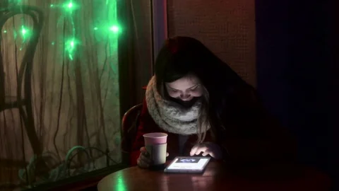 Plump Girl working on tablet drinking tea Stock Footage 71896700