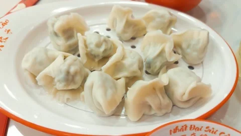 Plump steamed chinese dumplings - dim sumwontons - arranged on a white plate Stock Footage 333629509