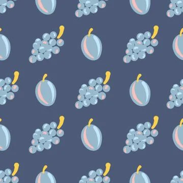 Plums and grapes seamless vector pattern in blue Stock-Illustration