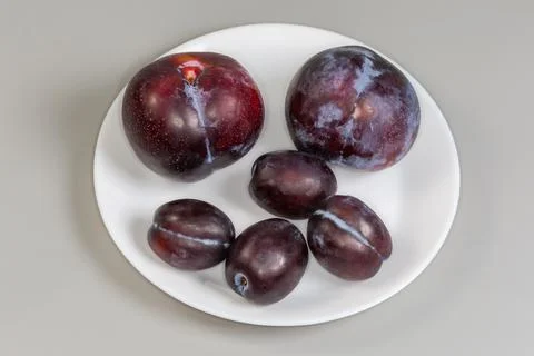 Plums different varieties and sizes on plate on gray background Stock Photos