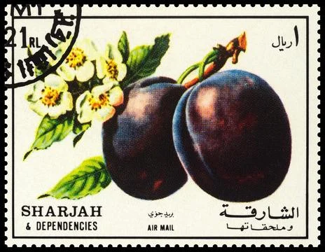 Plums on postage stamp Foto stock