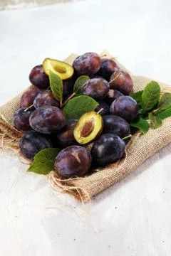 Plums on rustic background. Half of blue plum fruit. Many beautiful plums wit Stock Photos