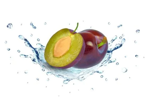 Plums splash water Stock Photos