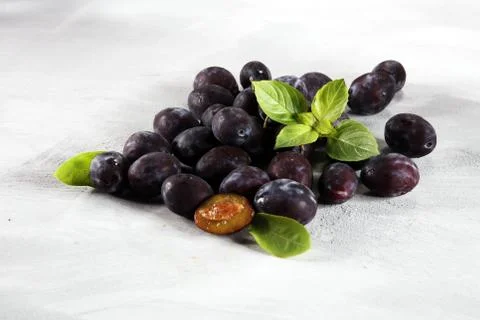 Plums on white stone background. Half of blue plum fruit. Many beautiful plum Stock Photos