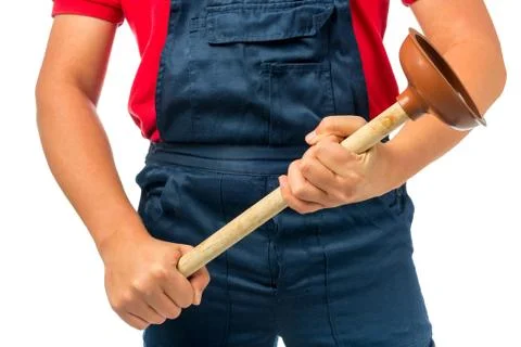 Plunger for pipe in the hands of a plumber Stock Photos