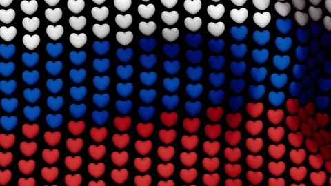 Plurality of large hearts forming Russian flag waving in the wind and fly back. Stock Footage 73687576