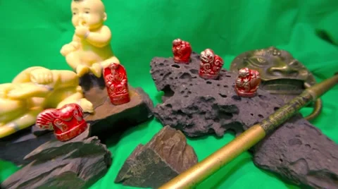 A Plurality of Mongolian Stones, Statues and Figurines Panorama Right to Left Stock Footage 62636670