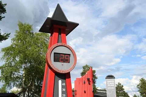 Plus 29 degrees at the Arctic Circle line in Santa Claus Village Stock Photos