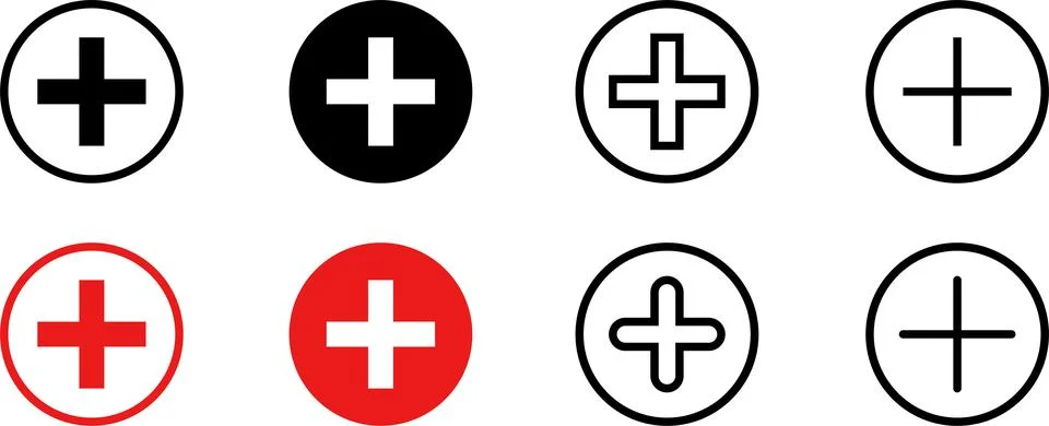 Plus add icon set. Positive sign. Horizontal line with vertical bar, plus symbol Stock Illustration