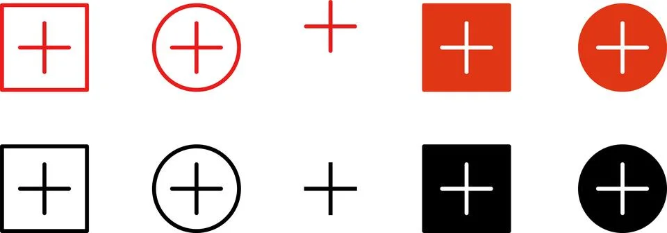 Plus add icon set. Positive sign. Horizontal line with vertical bar, plus symbol Stock Illustration
