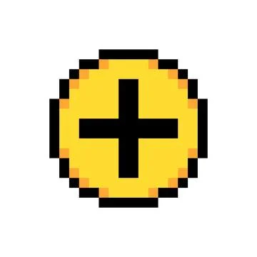Plus add zoom in button round control pixel art style icon yellow color 库存插图