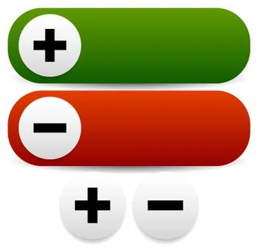 Plus and minus buttons. Long and circular versions. Add, remove Ilustración de archivo
