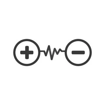 Plus and minus in circle connected electric circuit with pulse. Vector illust Illustrazione stock
