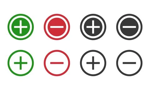 Plus and minus circular button icon set in green, red, and black outline イラスト素材