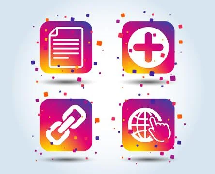 Plus circle and hyperlink signs. File, globe. Stockillustratie