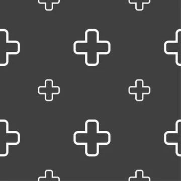 Plus icon sign. Seamless pattern on a gray background. Vector Stock Illustration