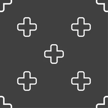 Plus icon sign. Seamless pattern on a gray background. Vector Stock Illustration