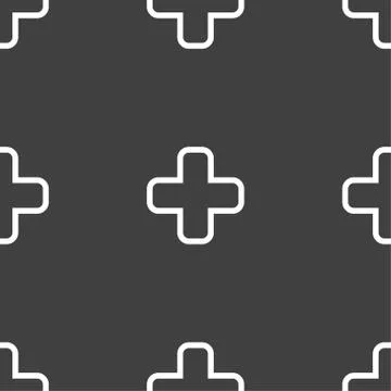 Plus icon sign. Seamless pattern on a gray background. Stock Illustration