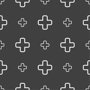 Plus icon sign. Seamless pattern on a gray background. Stock Illustration