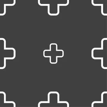Plus icon sign. Seamless pattern on a gray background. Stock Illustration