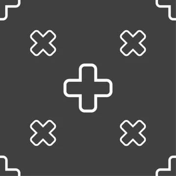 Plus icon sign. Seamless pattern on a gray background. Stock Illustration