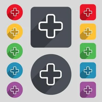 Plus icon sign. A set of 12 colored buttons and a long shadow. Flat design. Illustration
