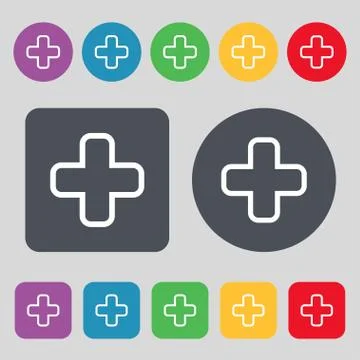 Plus icon sign. A set of 12 colored buttons. Flat design. Illustration