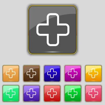 Plus icon sign. Set with eleven colored buttons for your site. Vector Illustration