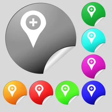 Plus Map pointer, GPS location  icon sign. Set of eight multi-colored round b Stock Illustration