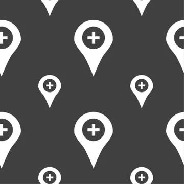 Plus Map pointer, GPS location icon sign. Seamless pattern on a gray backgrou Illustrazione stock