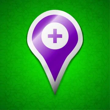Plus Map pointer, GPS location icon sign. Symbol chic colored sticky label on gr Stock Illustration
