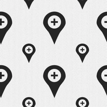 Plus Map pointer, GPS location icon sign. Seamless pattern with geometric textur 스톡 일러스트
