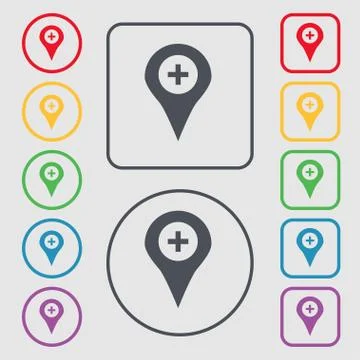 Plus Map pointer, GPS location icon sign. symbol on the Round and square buttons イラスト素材