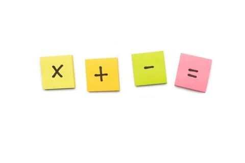 Plus, minus, multiply and equal signs colored sticky papers Foto stock