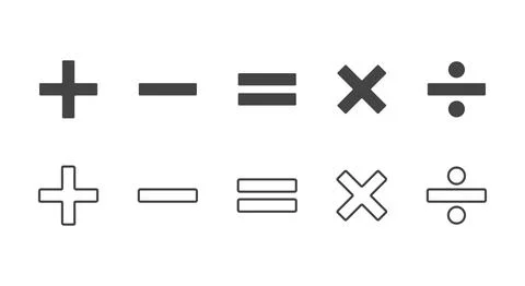 Plus, minus, multiply, divide, and equal sign icon set, Mathematical symbol. Stock Illustration