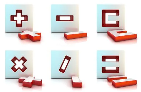 Plus, minus, multiply, divide, equally and clear sign. 3D 스톡 일러스트