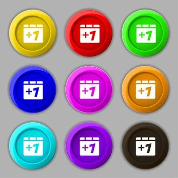 Plus one, Add one icon sign. symbol on nine round colourful buttons. Vector Illustration