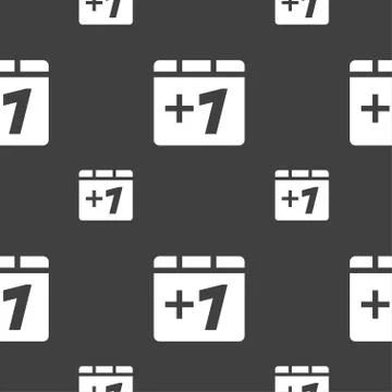 Plus one, Add one icon sign. Seamless pattern on a gray background. Vector イラスト素材