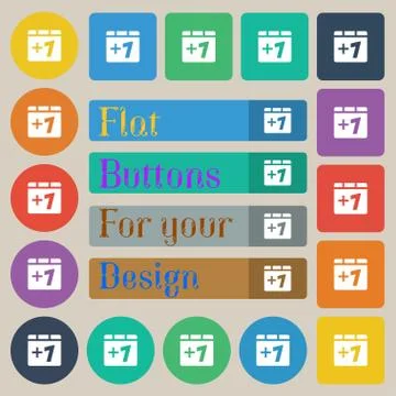 Plus one, Add one icon sign. Set of twenty colored flat, round, square and recta Illustration