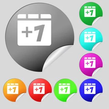 Plus one, Add one icon sign. Set of eight multi-colored round buttons, stickers. Illustration