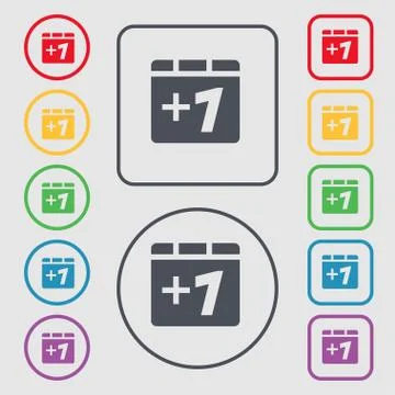 Plus one, Add one icon sign. symbol on the Round and square buttons with frame. Stock Illustration