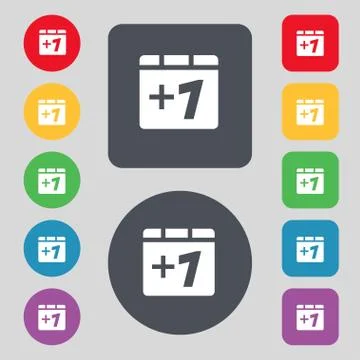 Plus one, Add one icon sign. A set of 12 colored buttons. Flat design. Illustration